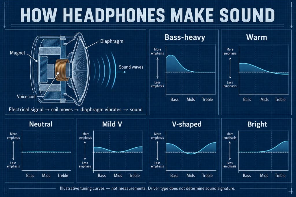 Diagram of a dynamic headphone driver and simplified tuning curves for bass-heavy, warm, neutral, mild V, V-shaped, and bright sound