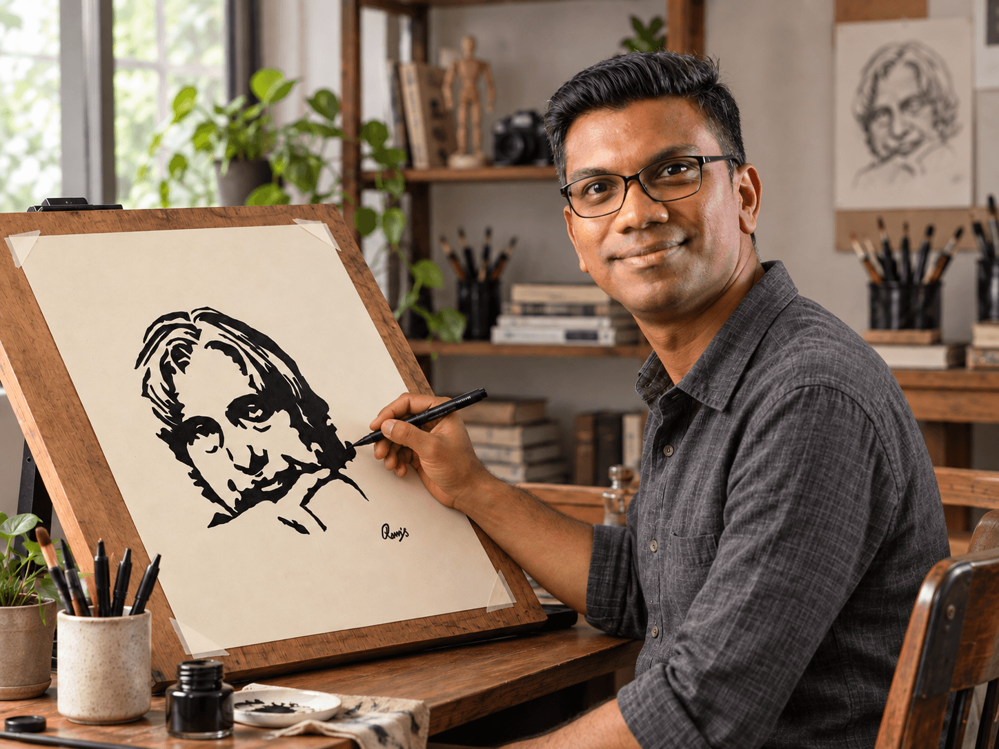 AI-created scene: Ram drawing his Abdul Kalam artwork in a charcoal shirt