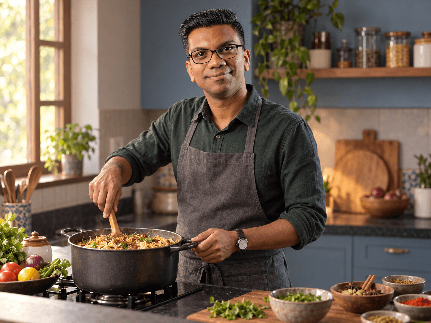 AI-created portrait of Ram cooking biryani in a charcoal apron