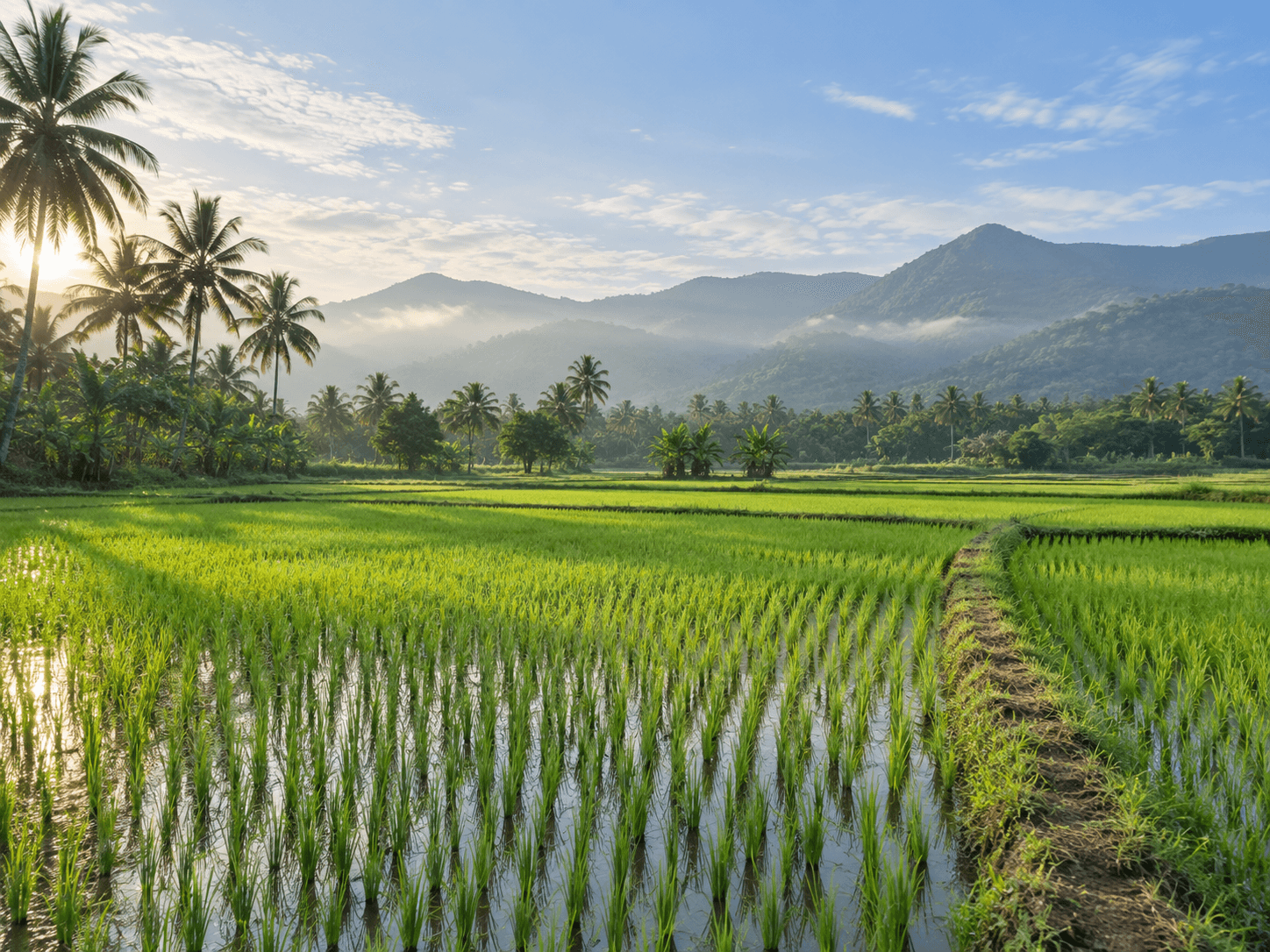 AI-created scene: Green paddy fields with coconut palms in morning light