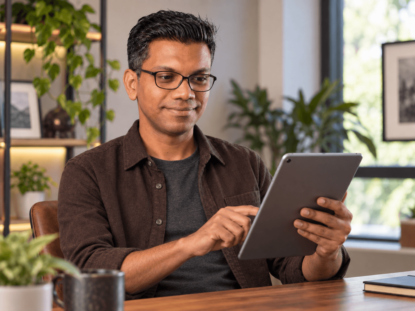 AI-created scene: Ram using an iPad in a dark brown shirt