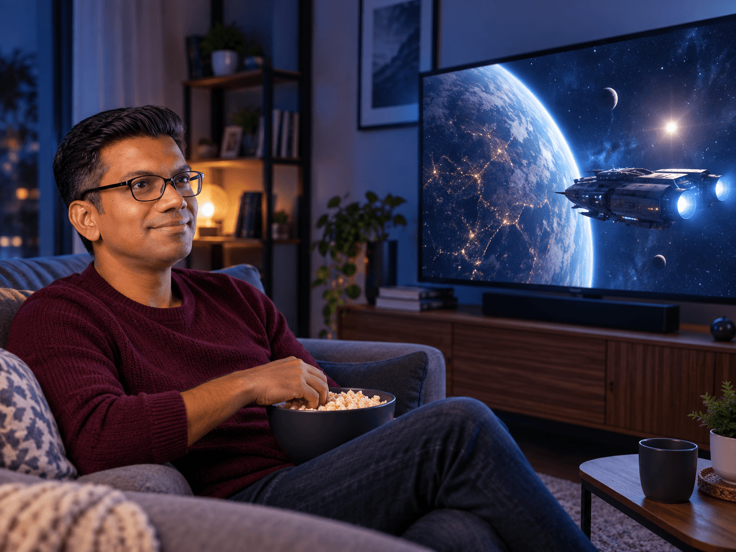 AI-created scene: Ram in a burgundy sweater watching a science-fiction film