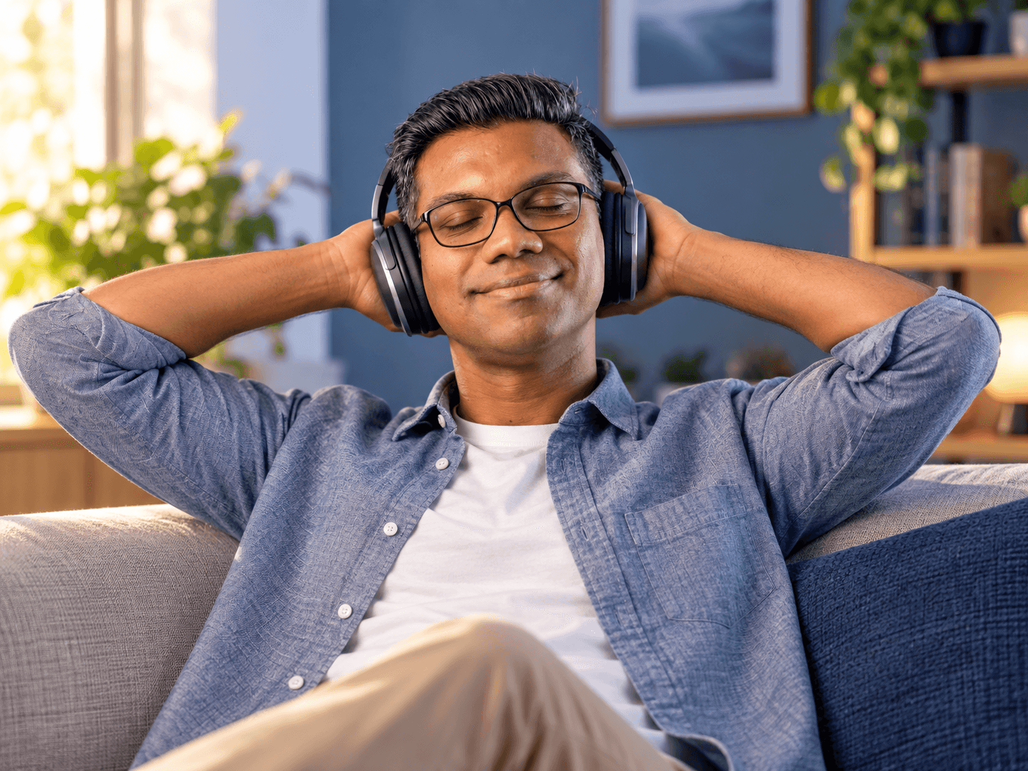 AI-created scene: Ram listening to headphones with eyes closed