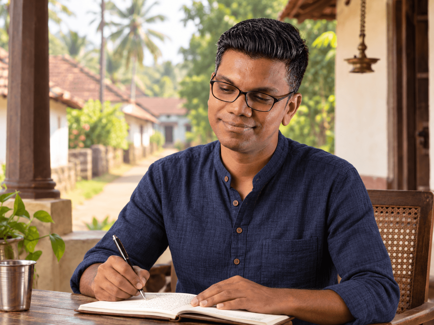 AI-created scene: Ram writing on a South Indian village veranda in an indigo kurta