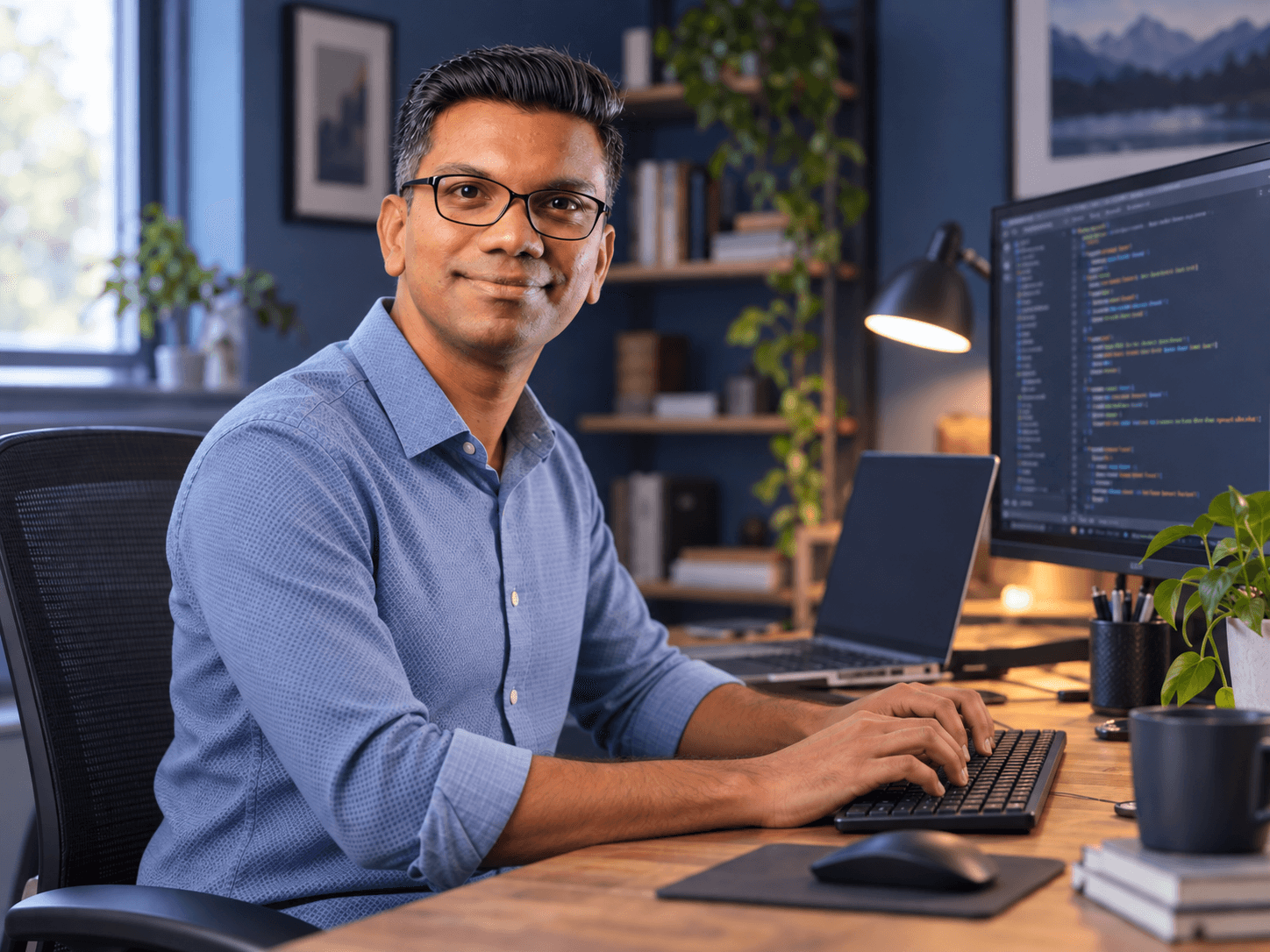 AI-created scene of Ram working at his technology desk