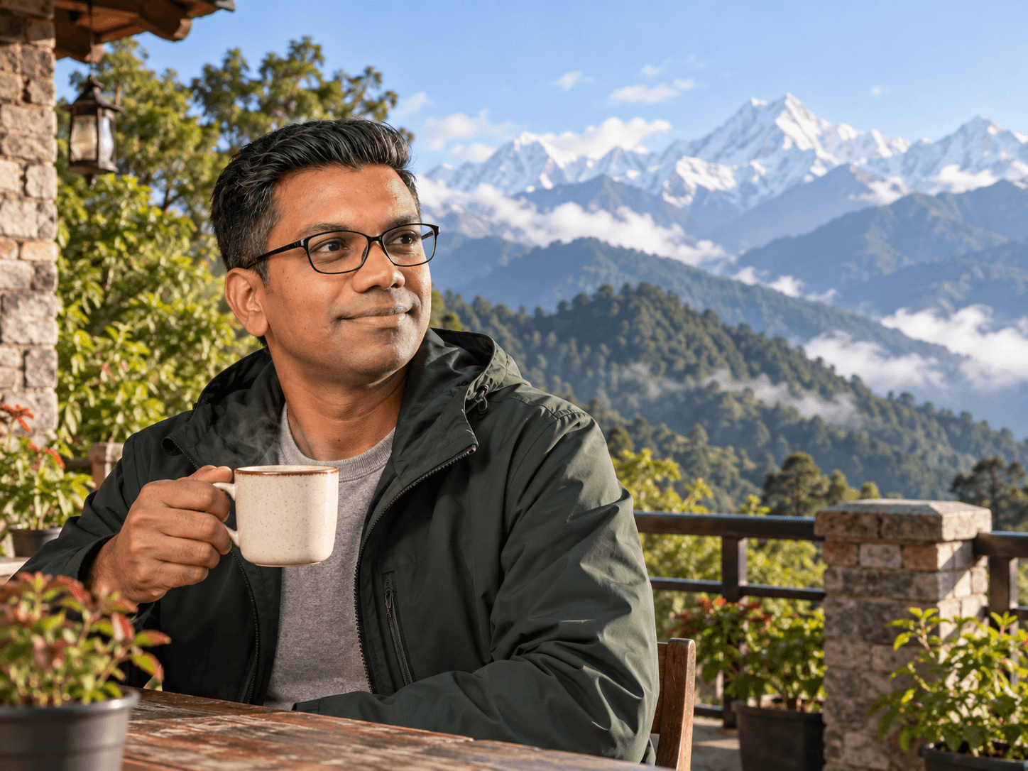 AI-created scene: Ram holding coffee overlooking a Sikkim-inspired mountain landscape