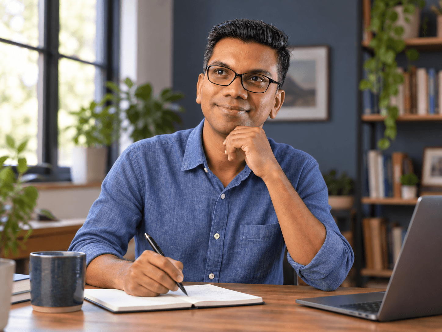 AI-created scene: Ram thinking while writing with pen and paper