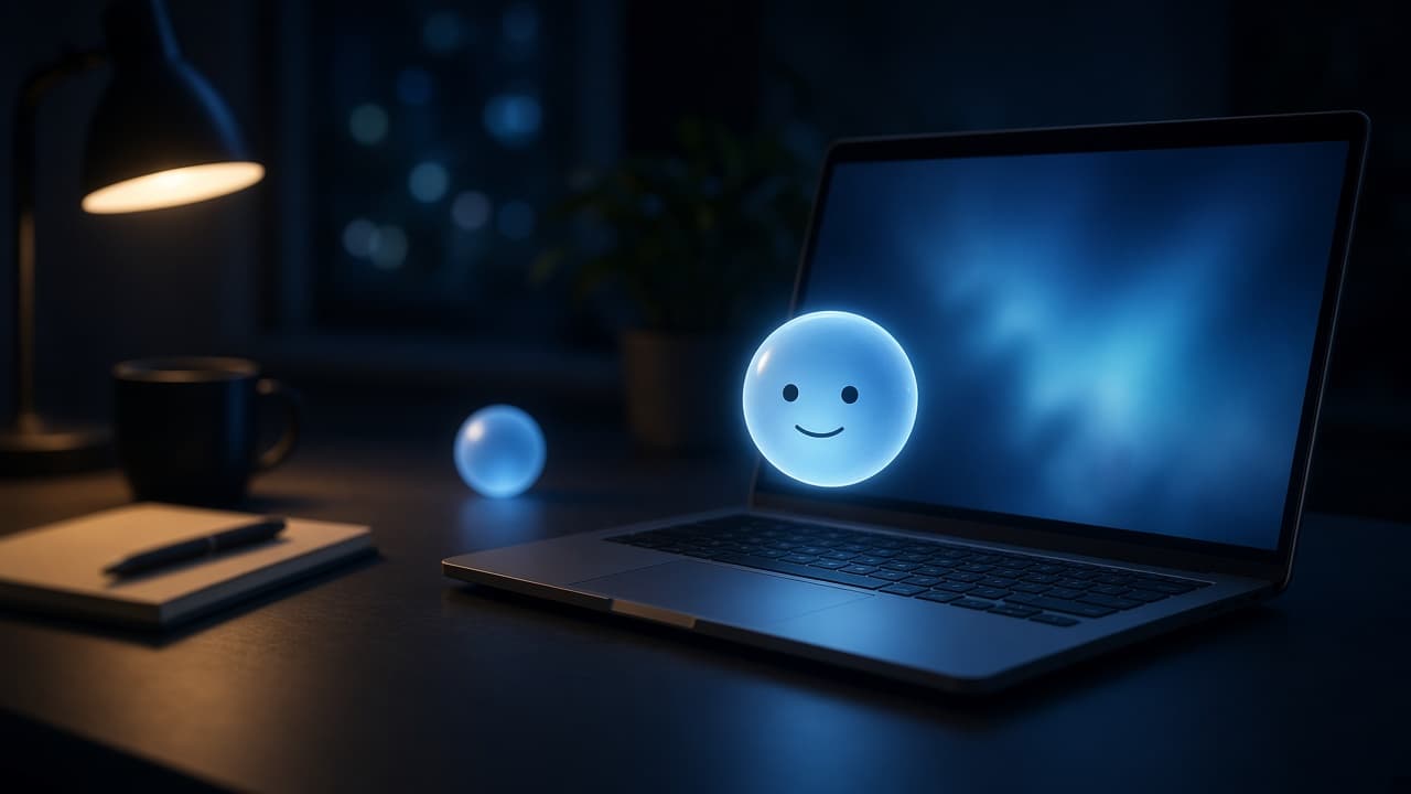 A small glowing round assistant hovering over an open laptop on a dark desk