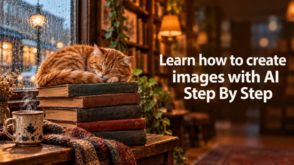 An orange cat asleep on a stack of books by a rainy bookstore window, with the words Learn how to create images with AI, step by step.