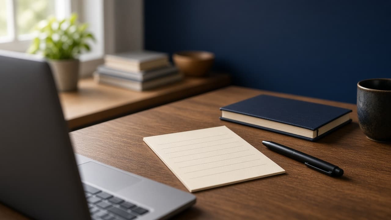A blank lined card and a pen on a wooden desk beside a laptop