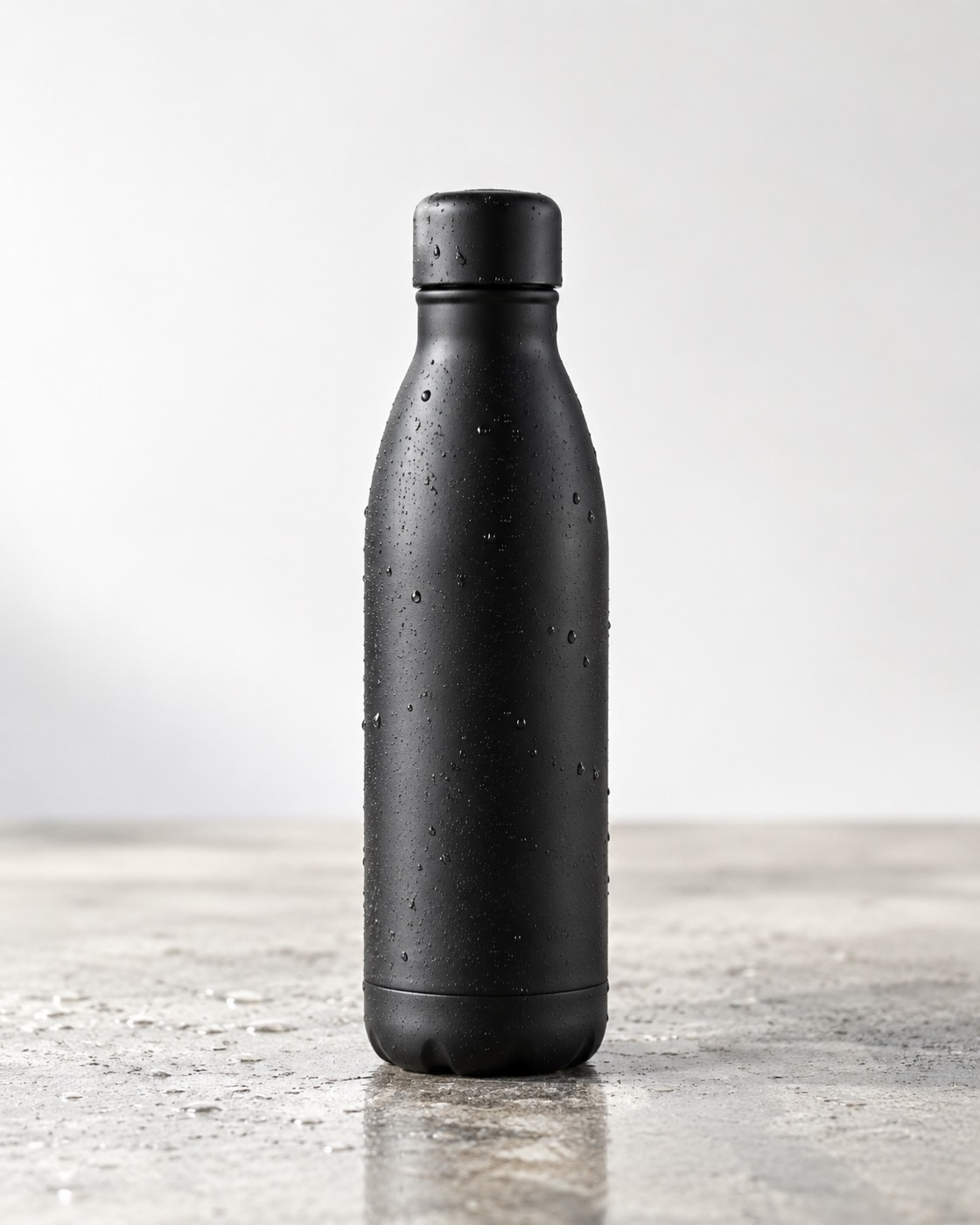 A matte black water bottle covered in droplets, standing on wet gray concrete against a plain light wall.