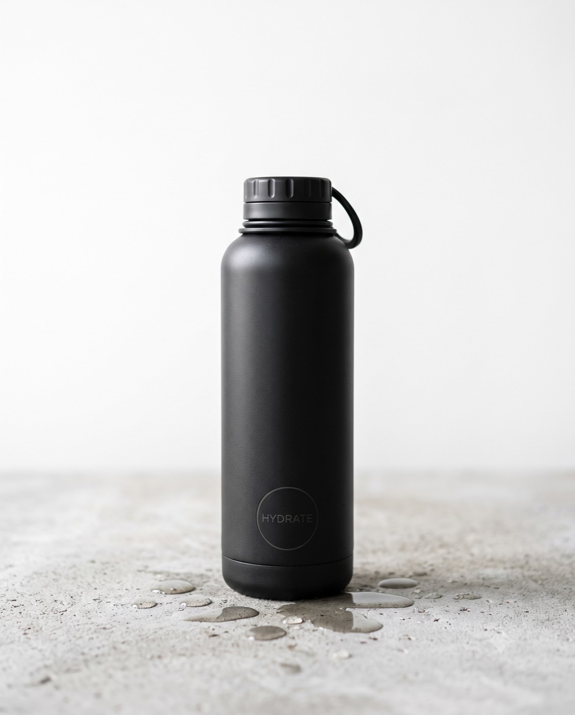 A matte black water bottle with a small circular mark, standing on concrete with a few puddles and a white background.
