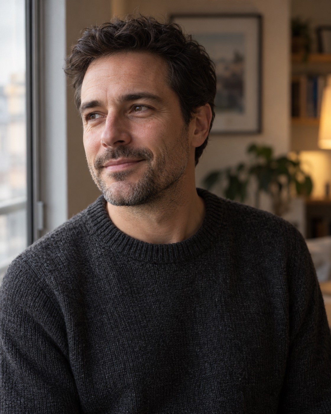 A man in a charcoal sweater looks off-camera with a slight smile, lit by a window in a quiet apartment.