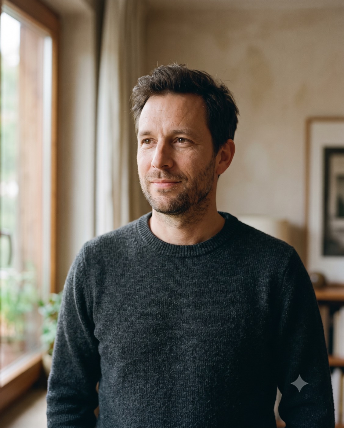 A man in a dark wool sweater stands by a window, looking aside with a calm half-smile.