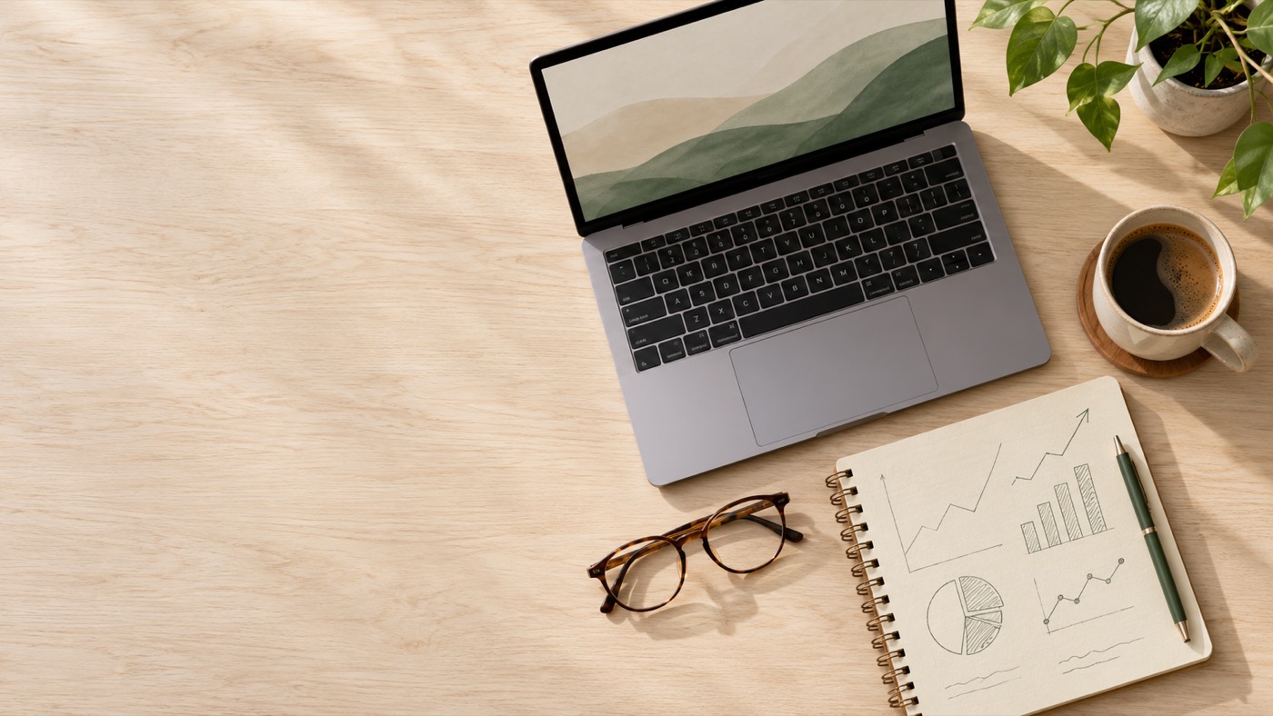 Overhead view of an open laptop, a notebook with charts, coffee and glasses on a pale wood desk, with empty space on the left.