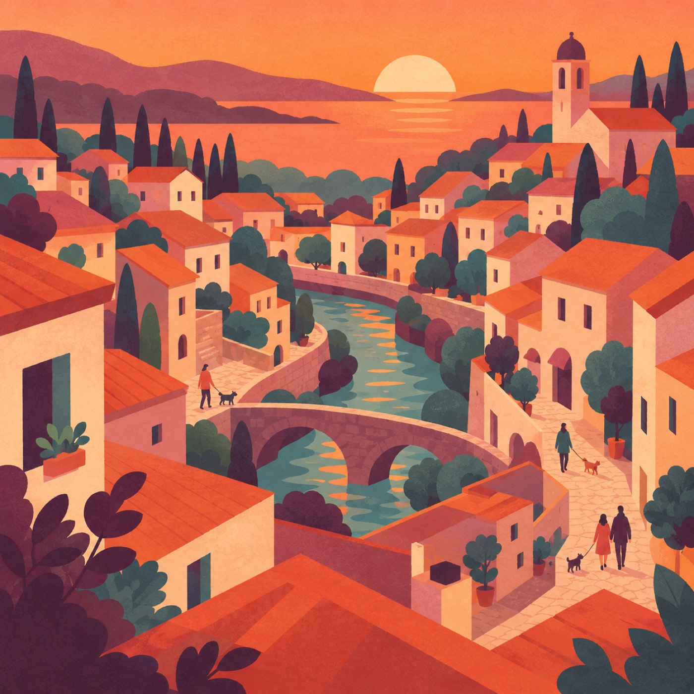 A flat illustration of a coastal town at sunset, with orange roofs, a river, a stone bridge and people walking dogs.