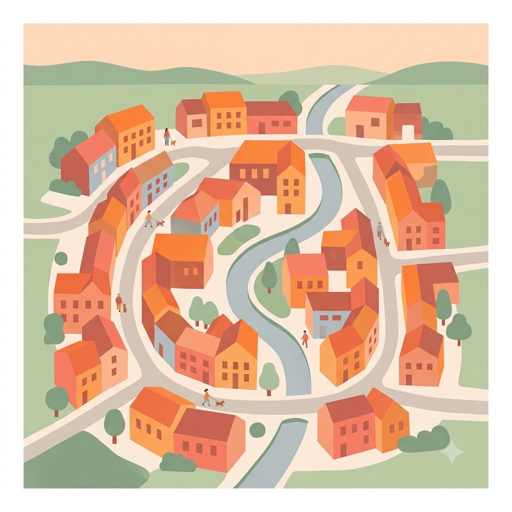 A flat illustration of a small town from above, with orange roofs, winding streets, a blue river and people walking dogs.