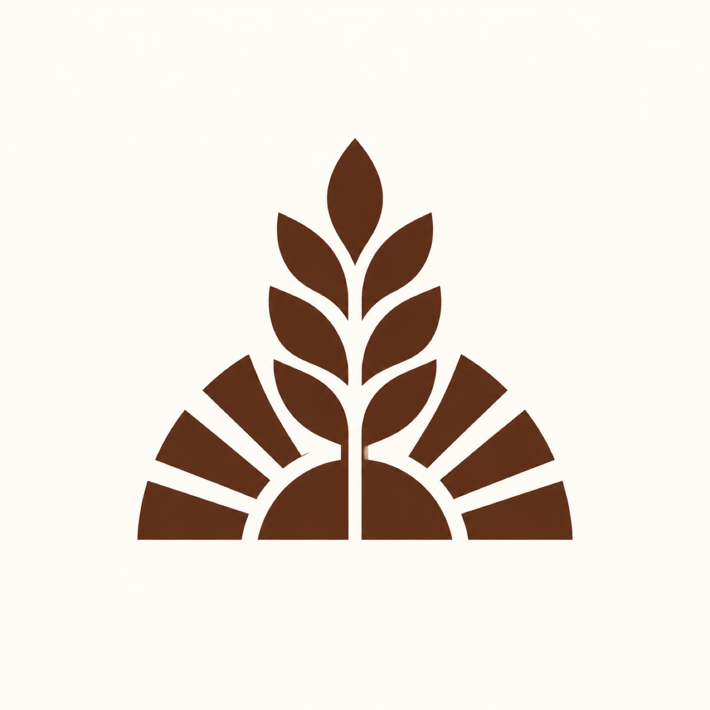 A brown logo of a wheat stalk rising out of a half-sun, centered on a plain off-white background.