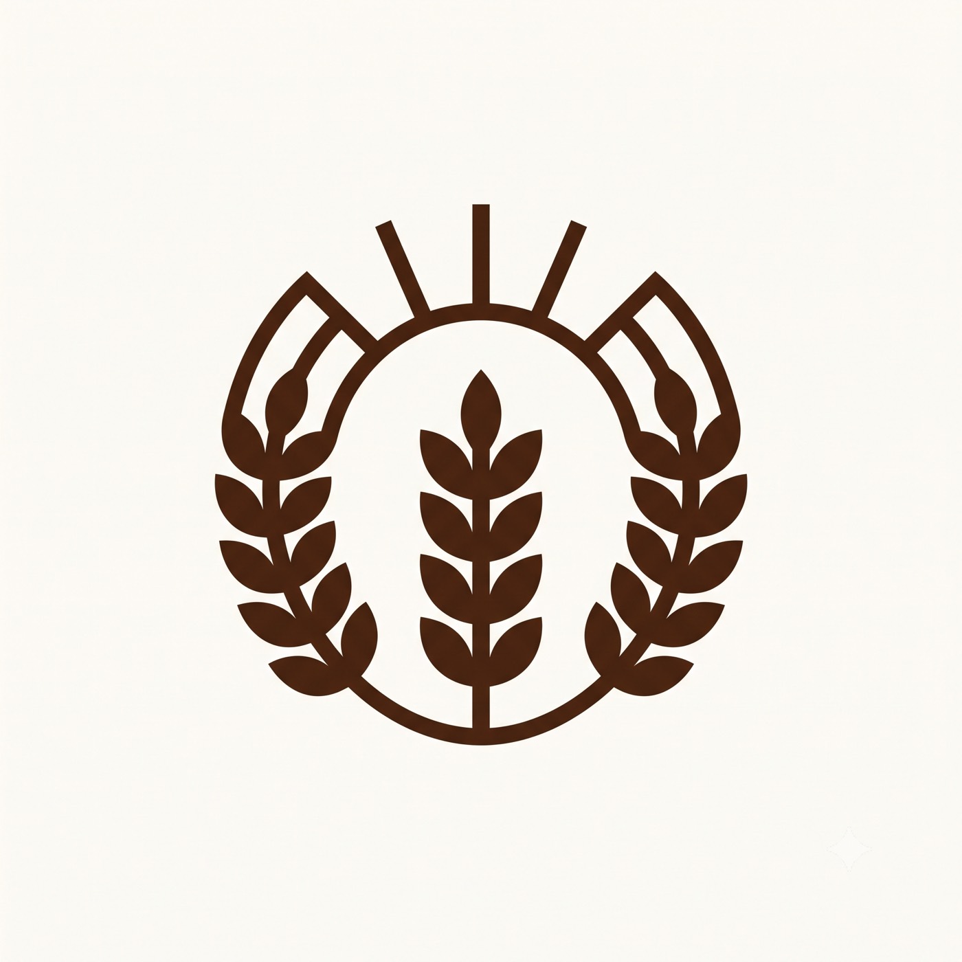 A brown logo of a wheat stalk inside a sunburst wreath, centered on a plain off-white background.