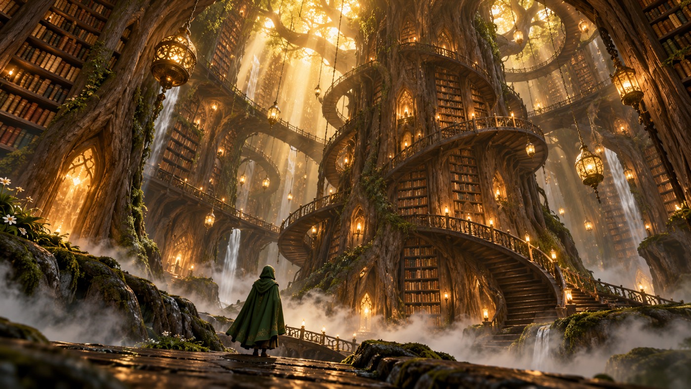 A glowing library built inside a huge tree, with spiral stairs, lanterns, mist, and a small figure in a green cloak.