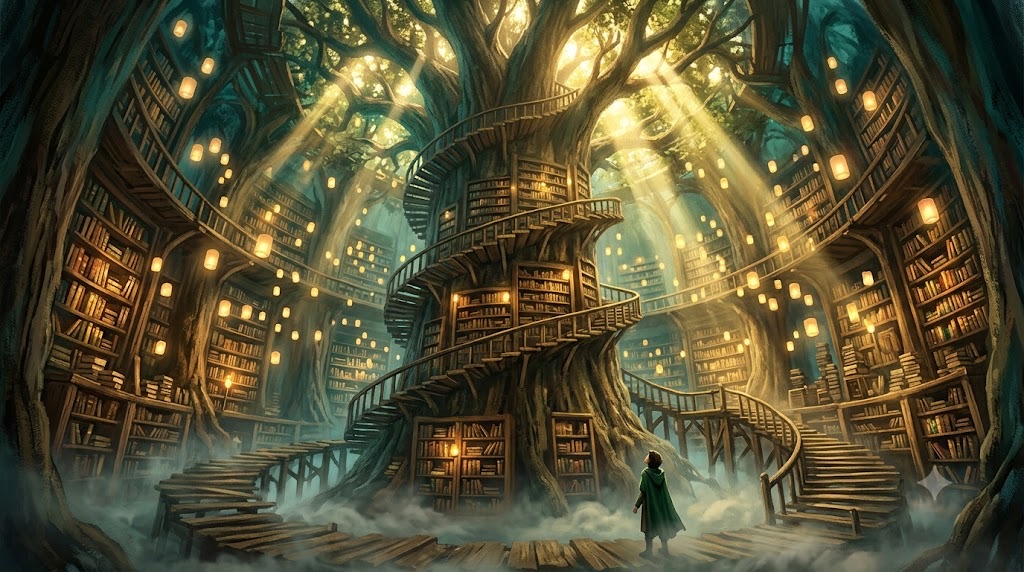 A glowing library inside ancient trees, with spiral stairs, hanging lanterns, mist, and a small figure in a green cloak.